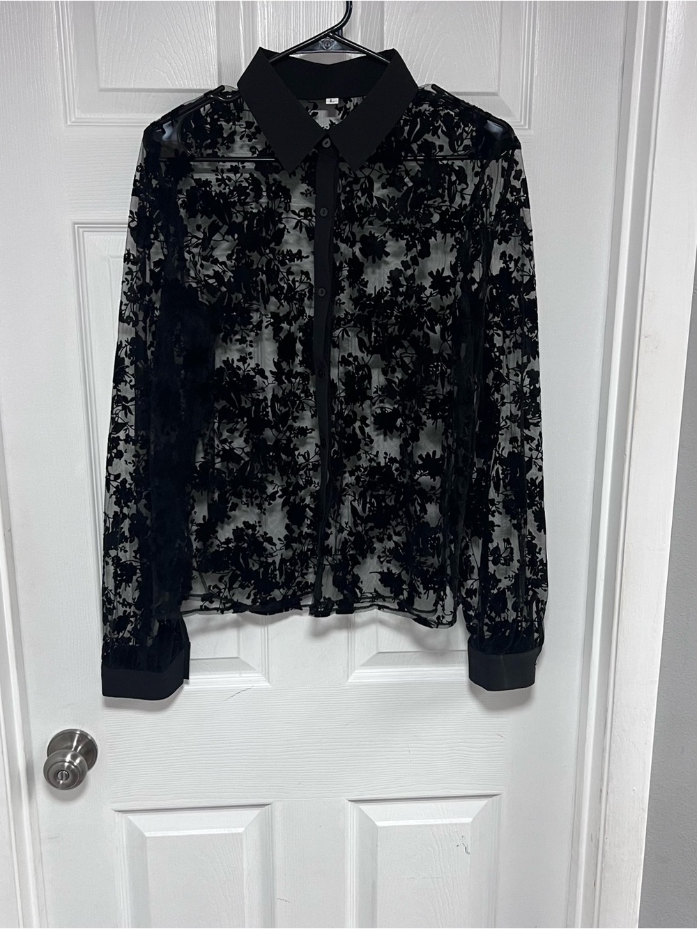 Sheer Black Floral Burnout Button-Front Blouse Size L